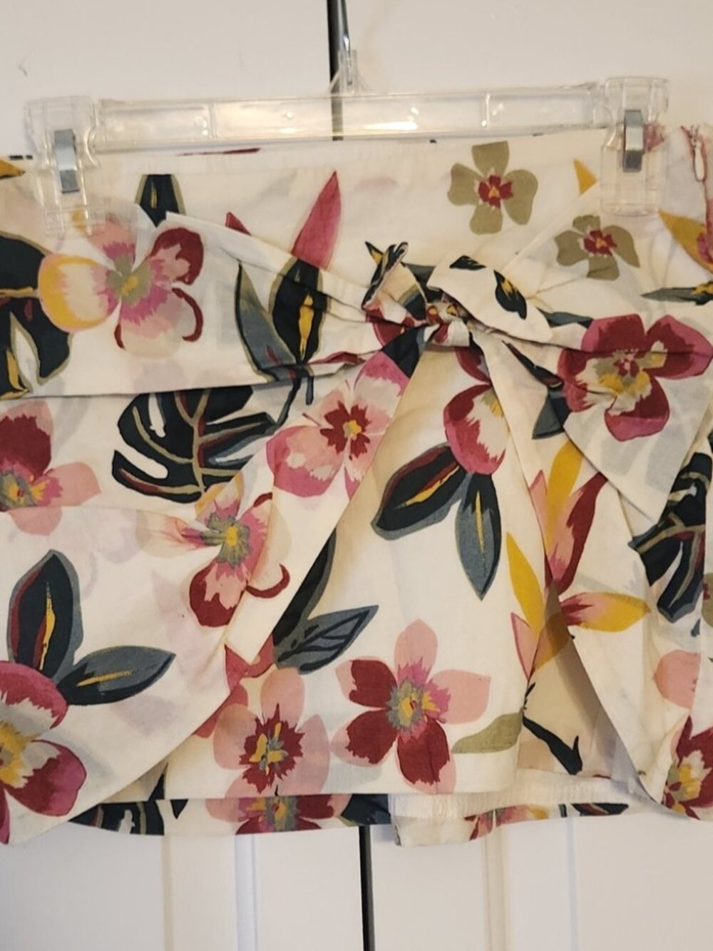 Floral Tie-Front Mini Skirt - White with Pink & Green Floral Print